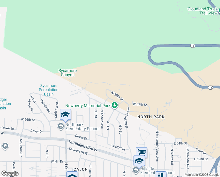 map of restaurants, bars, coffee shops, grocery stores, and more near 486 West 59th Street in San Bernardino