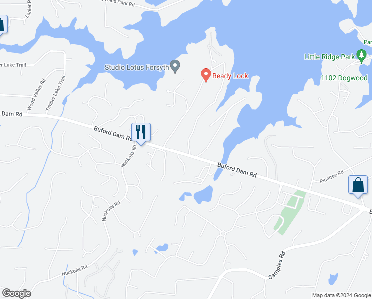 map of restaurants, bars, coffee shops, grocery stores, and more near 1815 Ridge Road in Cumming