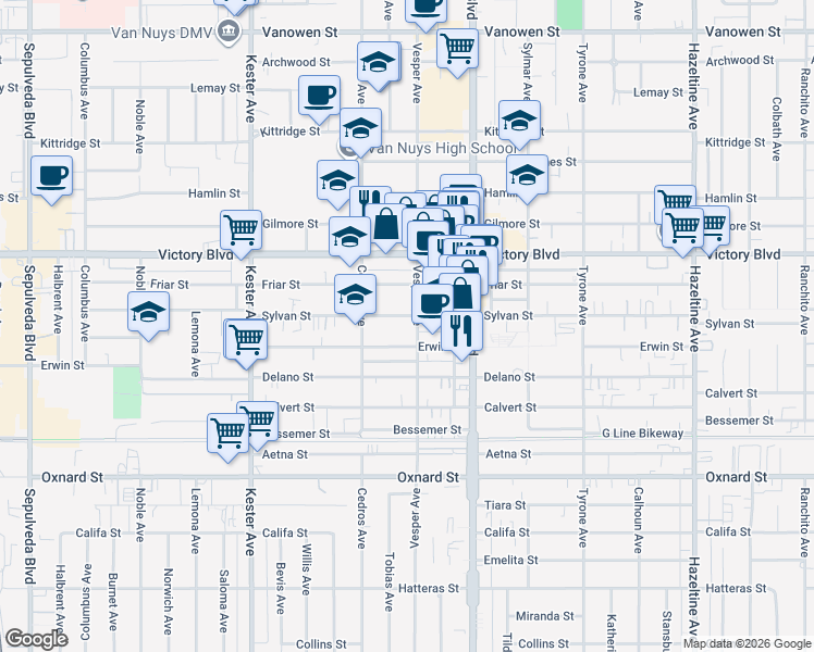 map of restaurants, bars, coffee shops, grocery stores, and more near 14633 Sylvan Street in Los Angeles