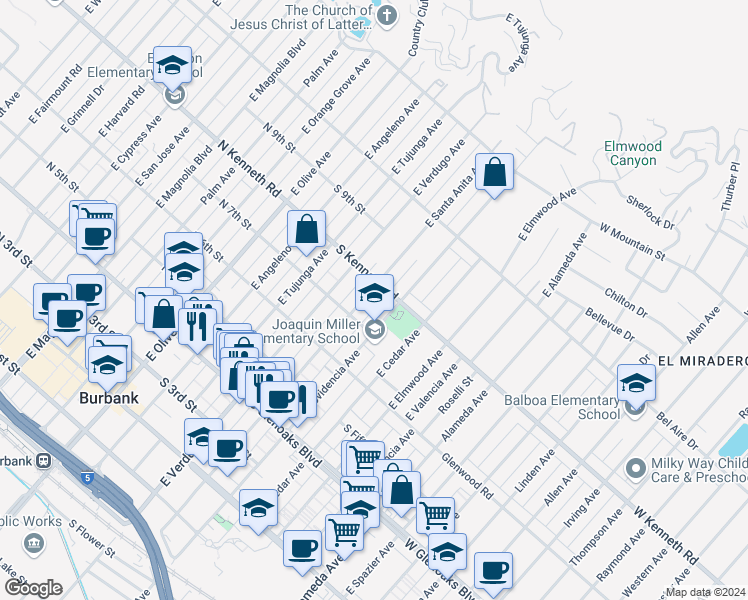 map of restaurants, bars, coffee shops, grocery stores, and more near 726 East Santa Anita Avenue in Burbank