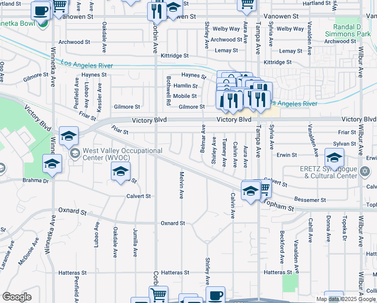 map of restaurants, bars, coffee shops, grocery stores, and more near 6245 Melvin Avenue in Los Angeles