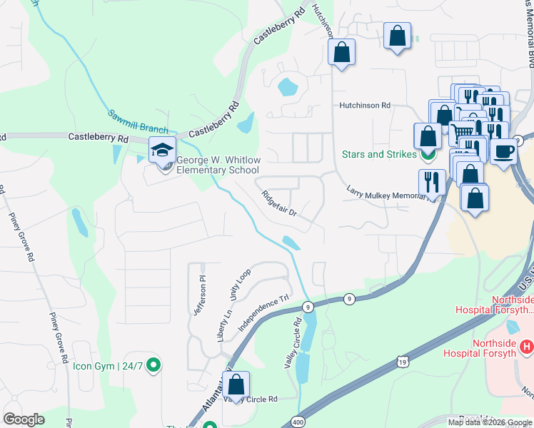 map of restaurants, bars, coffee shops, grocery stores, and more near 3435 Ridgefair Drive in Cumming
