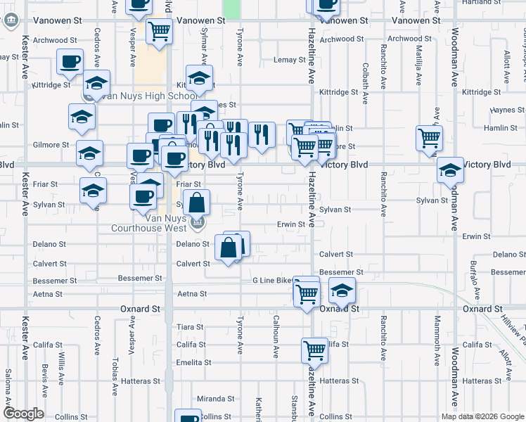 map of restaurants, bars, coffee shops, grocery stores, and more near 14222 Sylvan Street in Los Angeles