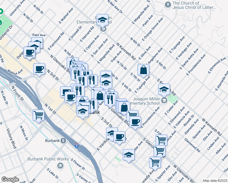 map of restaurants, bars, coffee shops, grocery stores, and more near 521 East Olive Avenue in Burbank