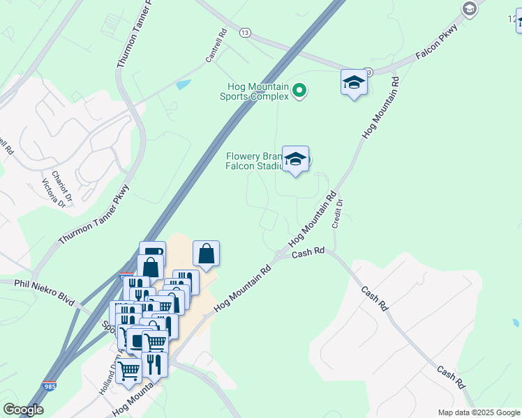 map of restaurants, bars, coffee shops, grocery stores, and more near 4496 Hog Mountain Road in Flowery Branch