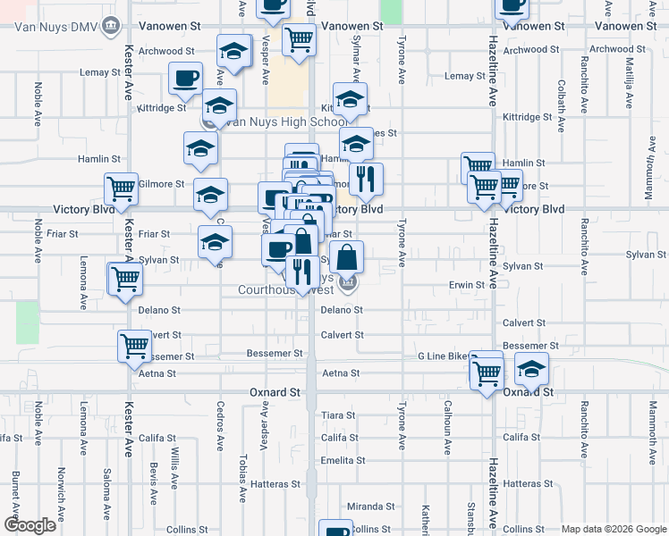 map of restaurants, bars, coffee shops, grocery stores, and more near 6262 Van Nuys Boulevard in Los Angeles