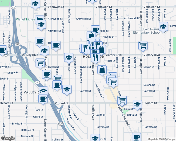 map of restaurants, bars, coffee shops, grocery stores, and more near 6305 Simpson Avenue in Los Angeles