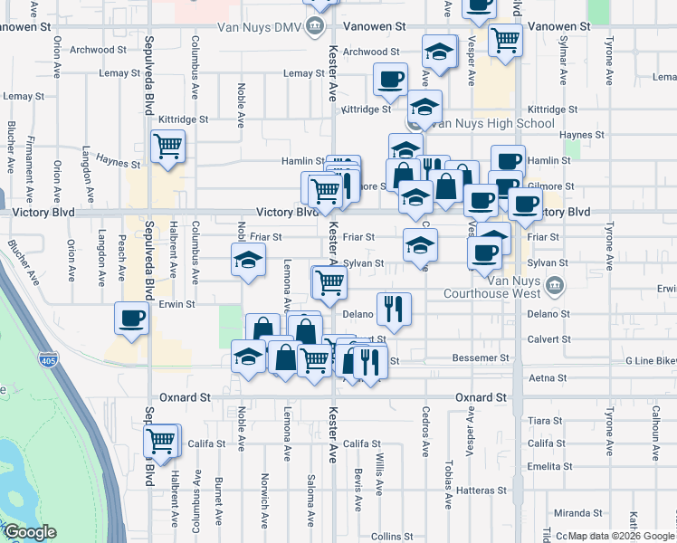 map of restaurants, bars, coffee shops, grocery stores, and more near 14858 Sylvan Street in Los Angeles