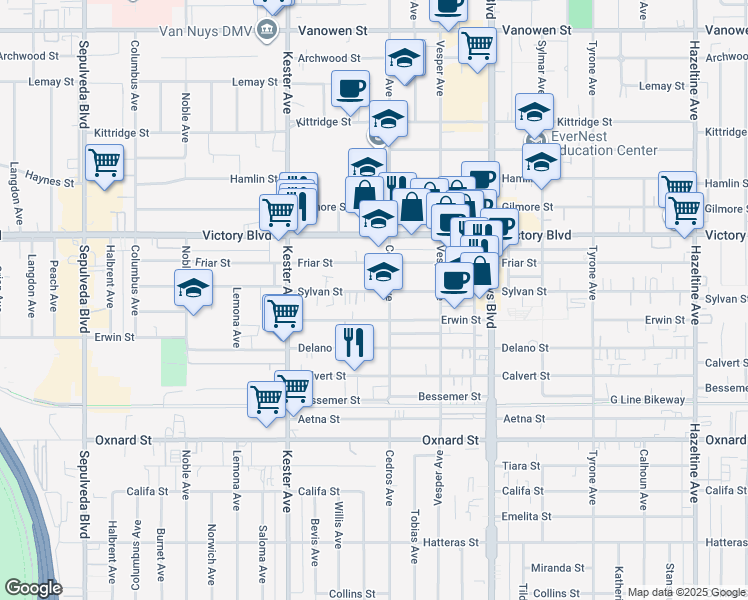 map of restaurants, bars, coffee shops, grocery stores, and more near 14707 Sylvan Street in Los Angeles