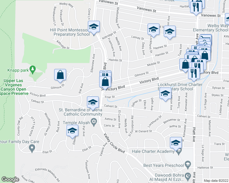 map of restaurants, bars, coffee shops, grocery stores, and more near 24313 Victory Boulevard in Los Angeles