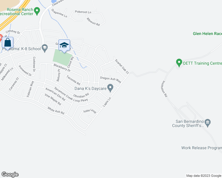 map of restaurants, bars, coffee shops, grocery stores, and more near 3989 Currant Lane in San Bernardino