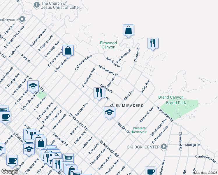 map of restaurants, bars, coffee shops, grocery stores, and more near 2030 Rangeview Drive in Glendale