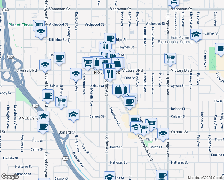 map of restaurants, bars, coffee shops, grocery stores, and more near 6253 Lankershim Blvd in North Hollywood