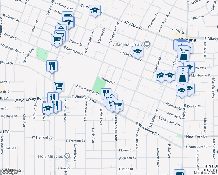 map of restaurants, bars, coffee shops, grocery stores, and more near 379 Buena Loma Street in Altadena