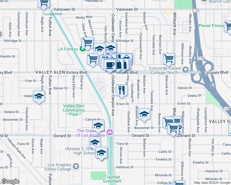 map of restaurants, bars, coffee shops, grocery stores, and more near 6244 Coldwater Canyon Avenue in Los Angeles