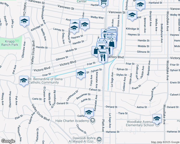 map of restaurants, bars, coffee shops, grocery stores, and more near 23842 Friar Street in Los Angeles