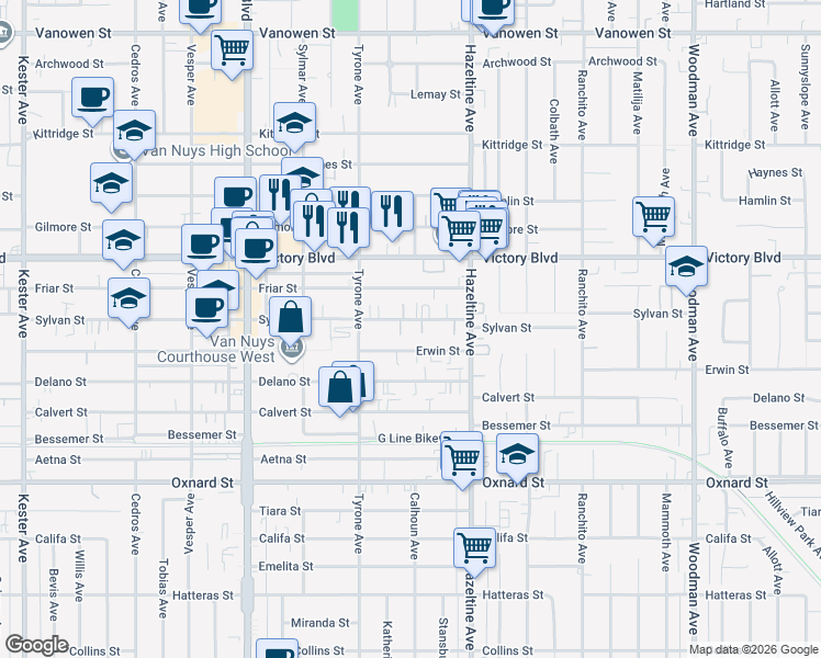 map of restaurants, bars, coffee shops, grocery stores, and more near 14202 Sylvan Street in Los Angeles