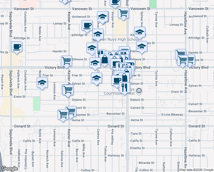map of restaurants, bars, coffee shops, grocery stores, and more near 14633 Sylvan Street in Los Angeles