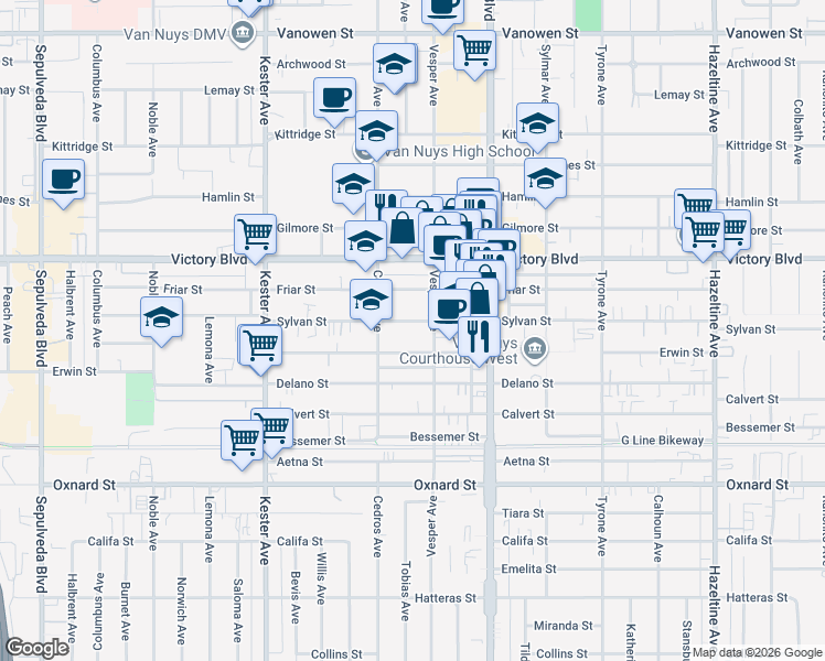 map of restaurants, bars, coffee shops, grocery stores, and more near 14622 Sylvan Street in Los Angeles