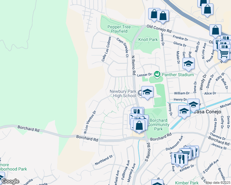 map of restaurants, bars, coffee shops, grocery stores, and more near 572 North Los Vientos Drive in Thousand Oaks