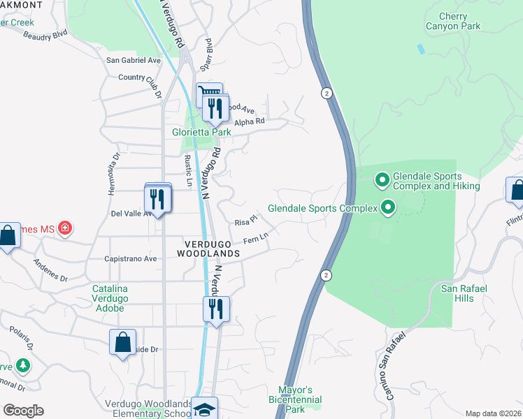 map of restaurants, bars, coffee shops, grocery stores, and more near 2461 Allanjay Place in Glendale
