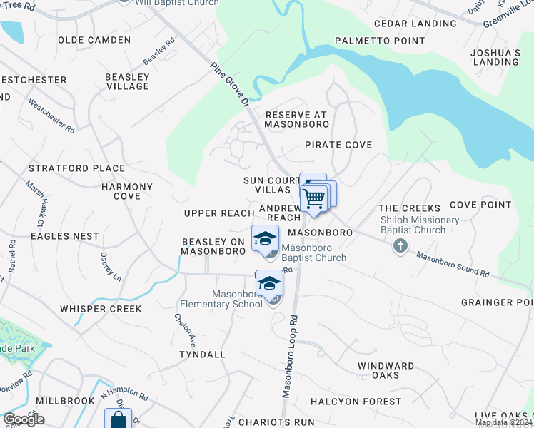 map of restaurants, bars, coffee shops, grocery stores, and more near 5416 Andrews Reach Loop in Wilmington