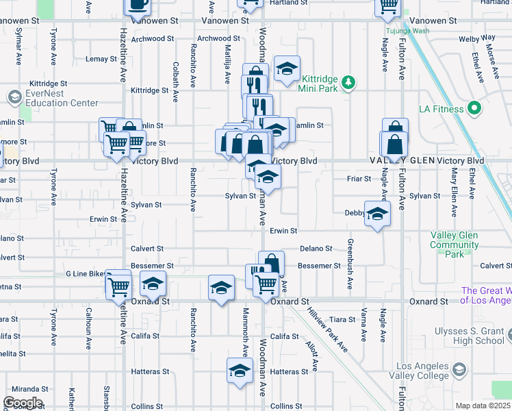 map of restaurants, bars, coffee shops, grocery stores, and more near 6245 Woodman Avenue in Los Angeles