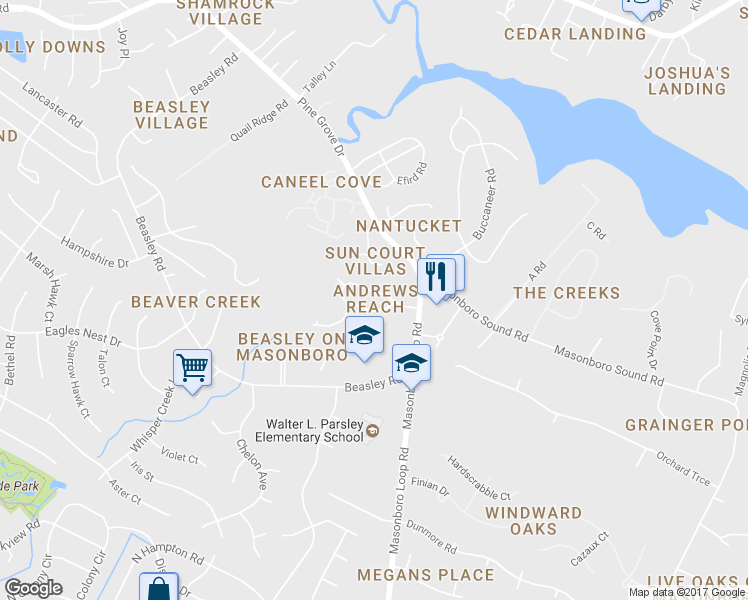 map of restaurants, bars, coffee shops, grocery stores, and more near 5416 Andrews Reach Loop in Wilmington