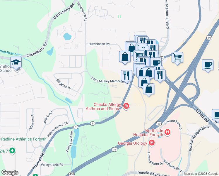 map of restaurants, bars, coffee shops, grocery stores, and more near 350 Bradley Park Lane in Cumming