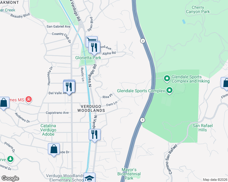 map of restaurants, bars, coffee shops, grocery stores, and more near 2461 Allanjay Place in Glendale