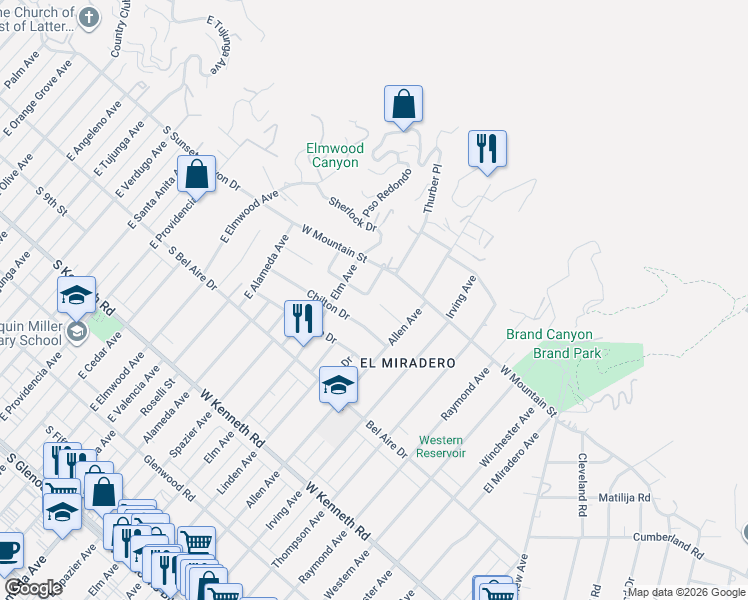 map of restaurants, bars, coffee shops, grocery stores, and more near 2003 Rangeview Drive in Glendale