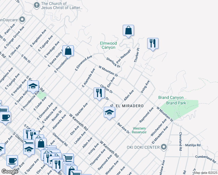 map of restaurants, bars, coffee shops, grocery stores, and more near 2030 Rangeview Drive in Glendale