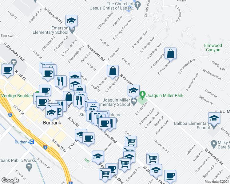 map of restaurants, bars, coffee shops, grocery stores, and more near 638 East Tujunga Avenue in Burbank