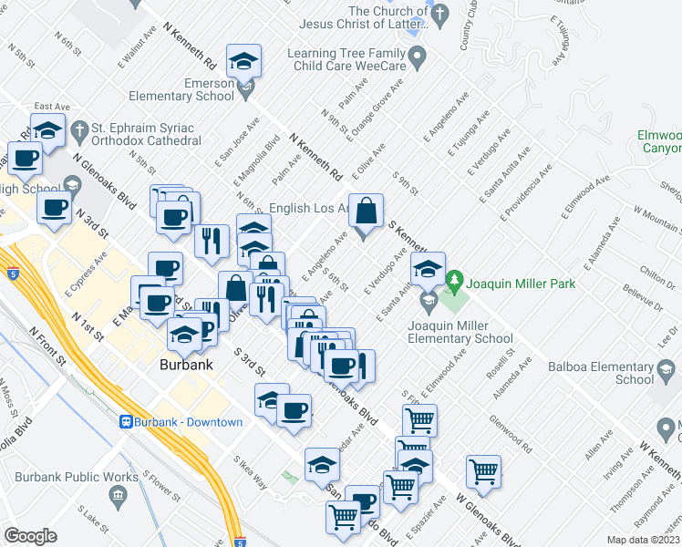map of restaurants, bars, coffee shops, grocery stores, and more near 614 East Angeleno Avenue in Burbank