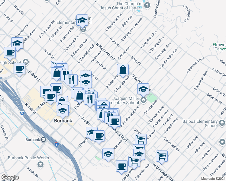 map of restaurants, bars, coffee shops, grocery stores, and more near 614 East Angeleno Avenue in Burbank