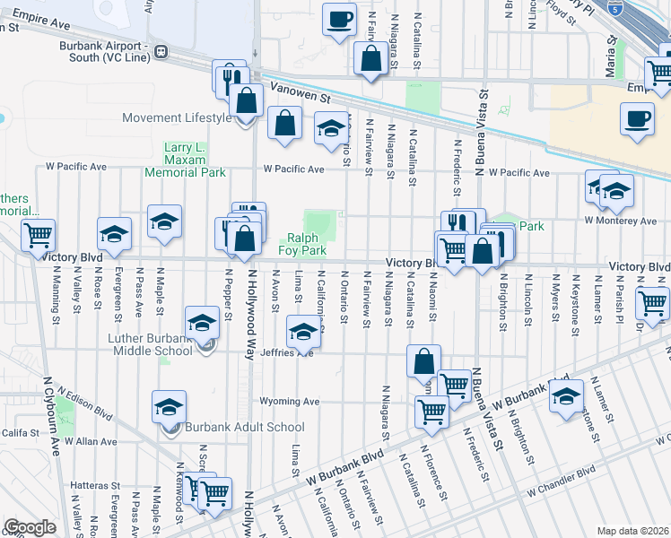 map of restaurants, bars, coffee shops, grocery stores, and more near in Burbank