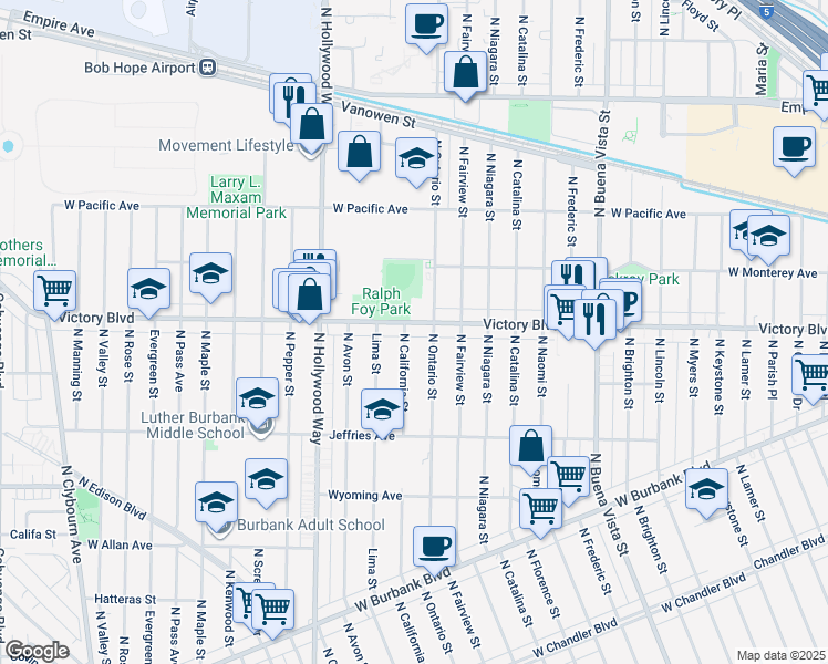 map of restaurants, bars, coffee shops, grocery stores, and more near in Burbank