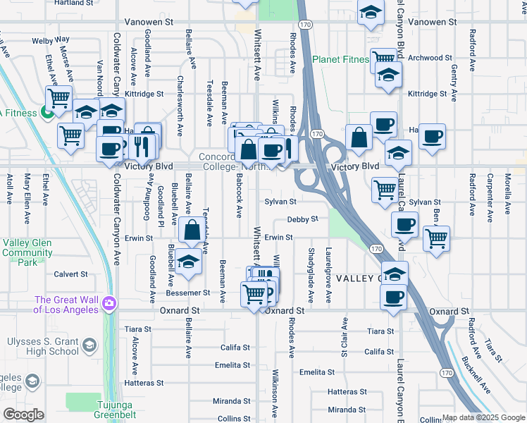 map of restaurants, bars, coffee shops, grocery stores, and more near 6301 Whitsett Avenue in Los Angeles
