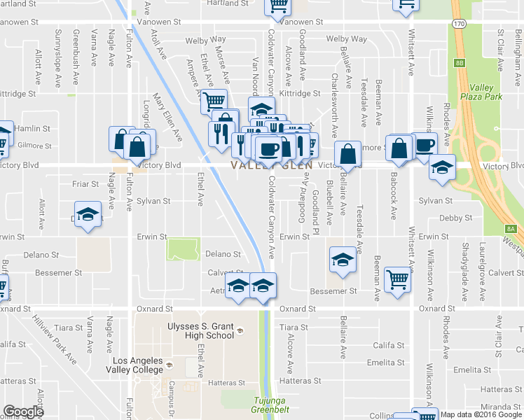 map of restaurants, bars, coffee shops, grocery stores, and more near 6259 Coldwater Canyon Avenue in Los Angeles