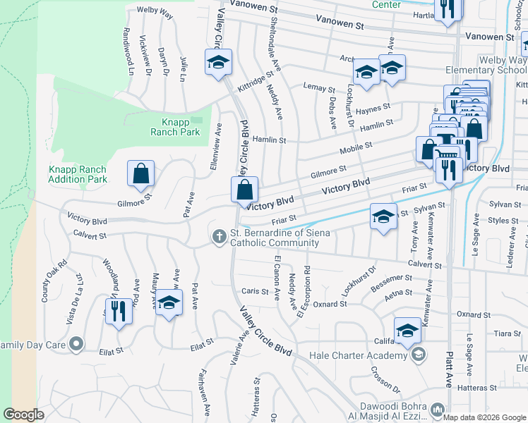 map of restaurants, bars, coffee shops, grocery stores, and more near 24313 Victory Boulevard in Los Angeles