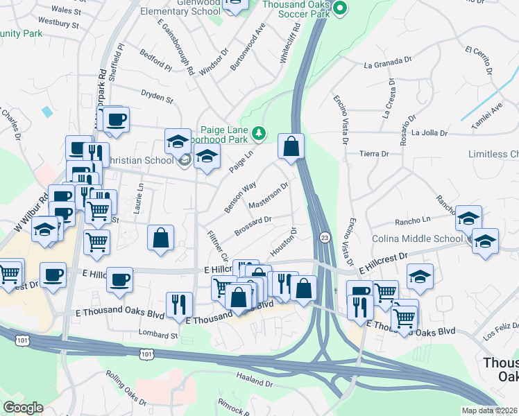 map of restaurants, bars, coffee shops, grocery stores, and more near 759 Masterson Drive in Thousand Oaks