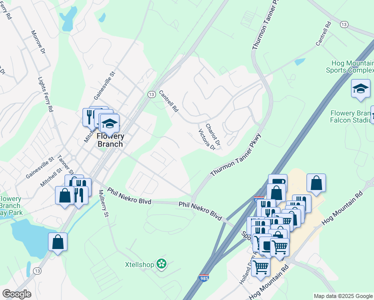 map of restaurants, bars, coffee shops, grocery stores, and more near 5161 Spring Street in Flowery Branch