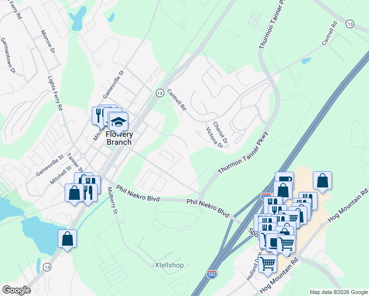 map of restaurants, bars, coffee shops, grocery stores, and more near 5161 Spring Street in Flowery Branch
