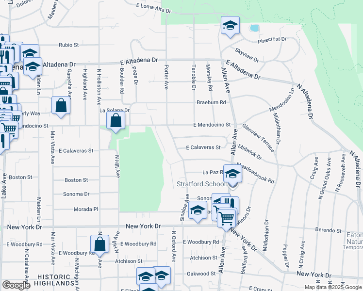 map of restaurants, bars, coffee shops, grocery stores, and more near 1673 East Calaveras Street in Altadena