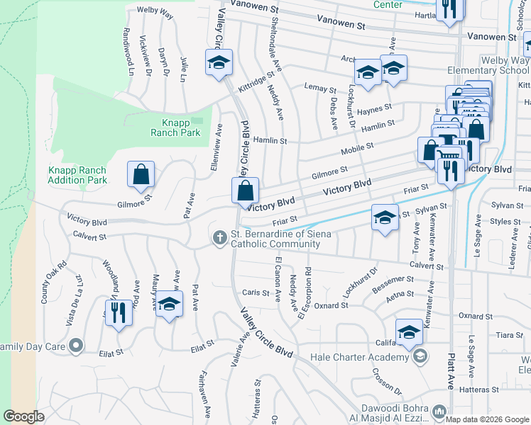 map of restaurants, bars, coffee shops, grocery stores, and more near 24308 Victory Boulevard in Los Angeles