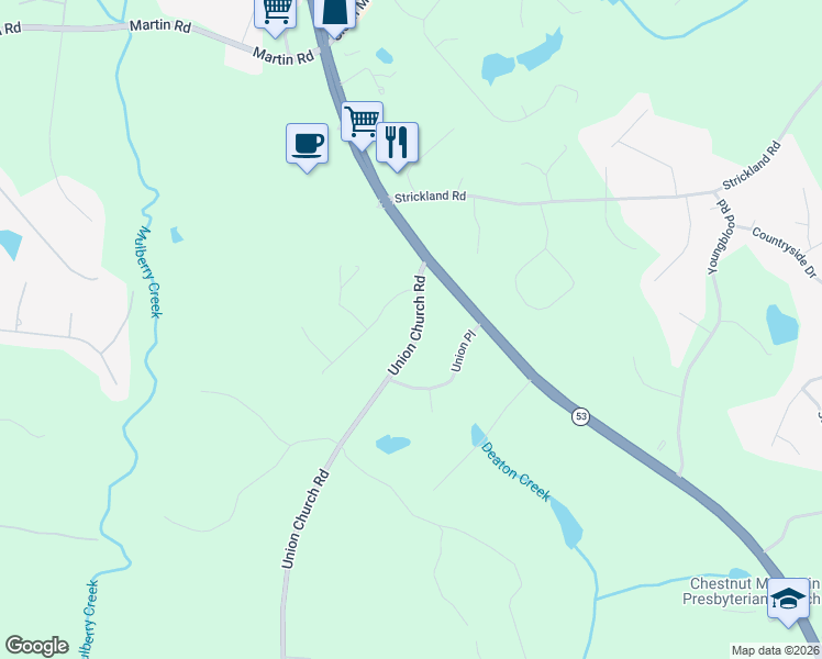 map of restaurants, bars, coffee shops, grocery stores, and more near 4433 Union Church Road in Flowery Branch