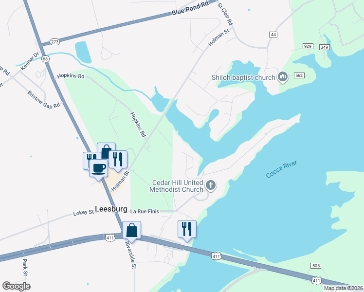 map of restaurants, bars, coffee shops, grocery stores, and more near 238 Embos Island Circle in Leesburg