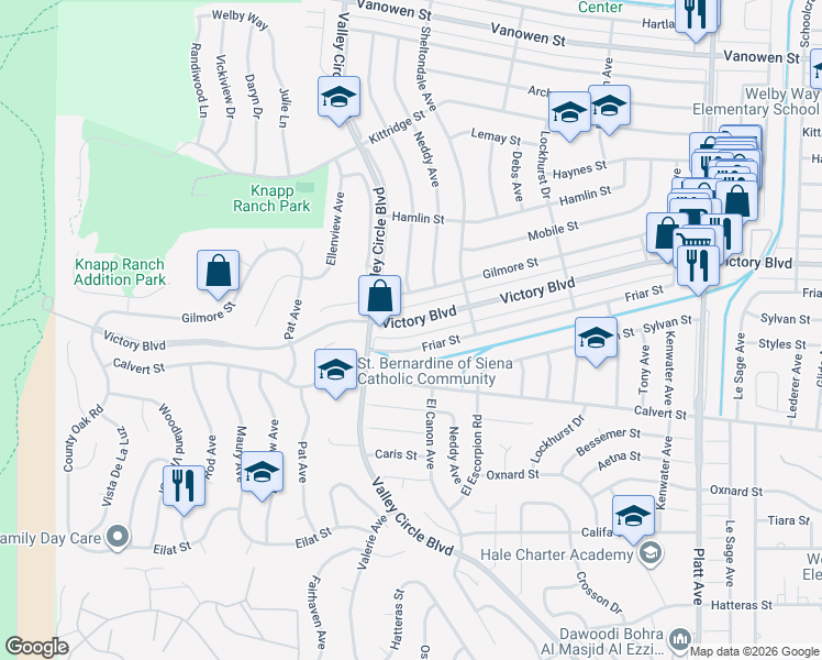 map of restaurants, bars, coffee shops, grocery stores, and more near 24313 Victory Boulevard in Los Angeles