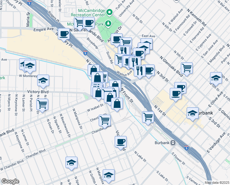 map of restaurants, bars, coffee shops, grocery stores, and more near 1000 North Lake Street in Burbank
