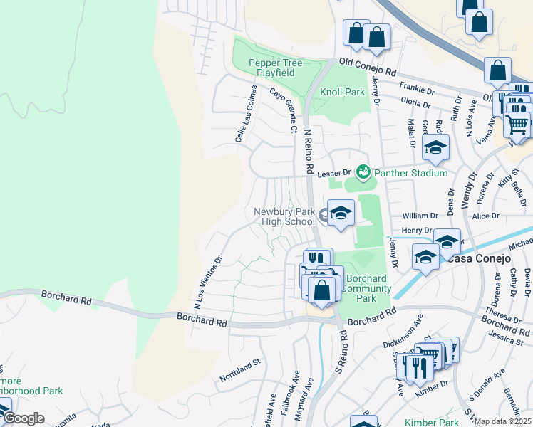 map of restaurants, bars, coffee shops, grocery stores, and more near 572 North Los Vientos Drive in Thousand Oaks
